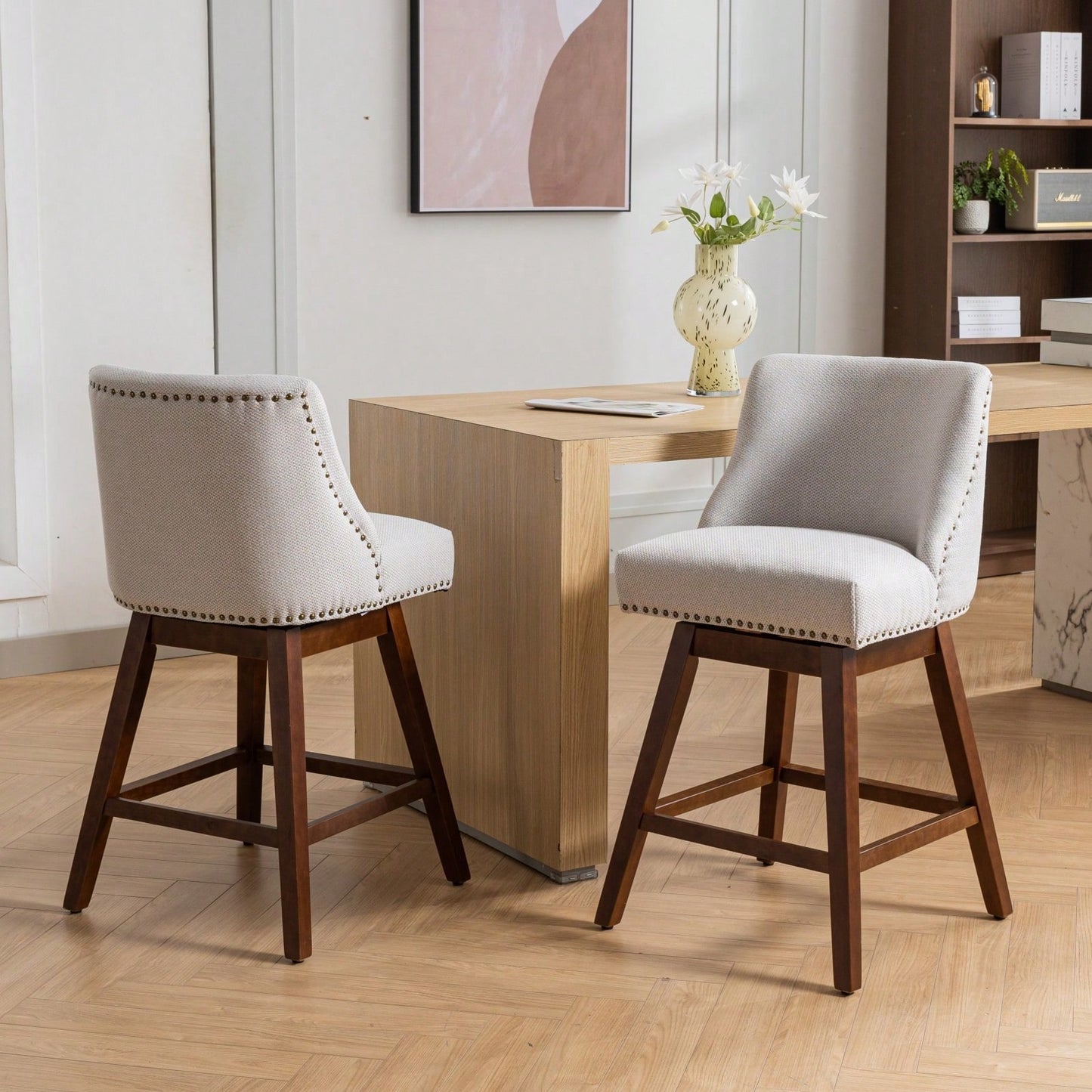 26 Inch Comfortable Swivel Bar Stools Set of 2 Upholstered Counter Height Chairs with Curved Back for Kitchen Island and Home Bar