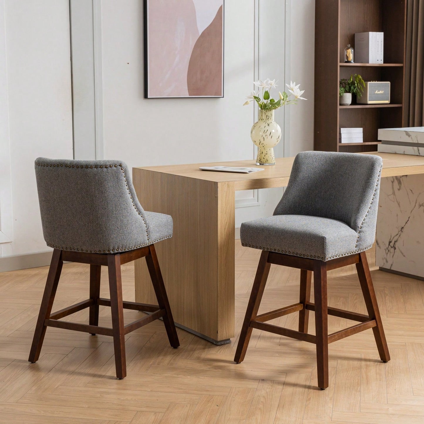 26 Inch Comfortable Swivel Bar Stools Set of 2 Upholstered Counter Height Chairs with Curved Back for Kitchen Island and Home Bar