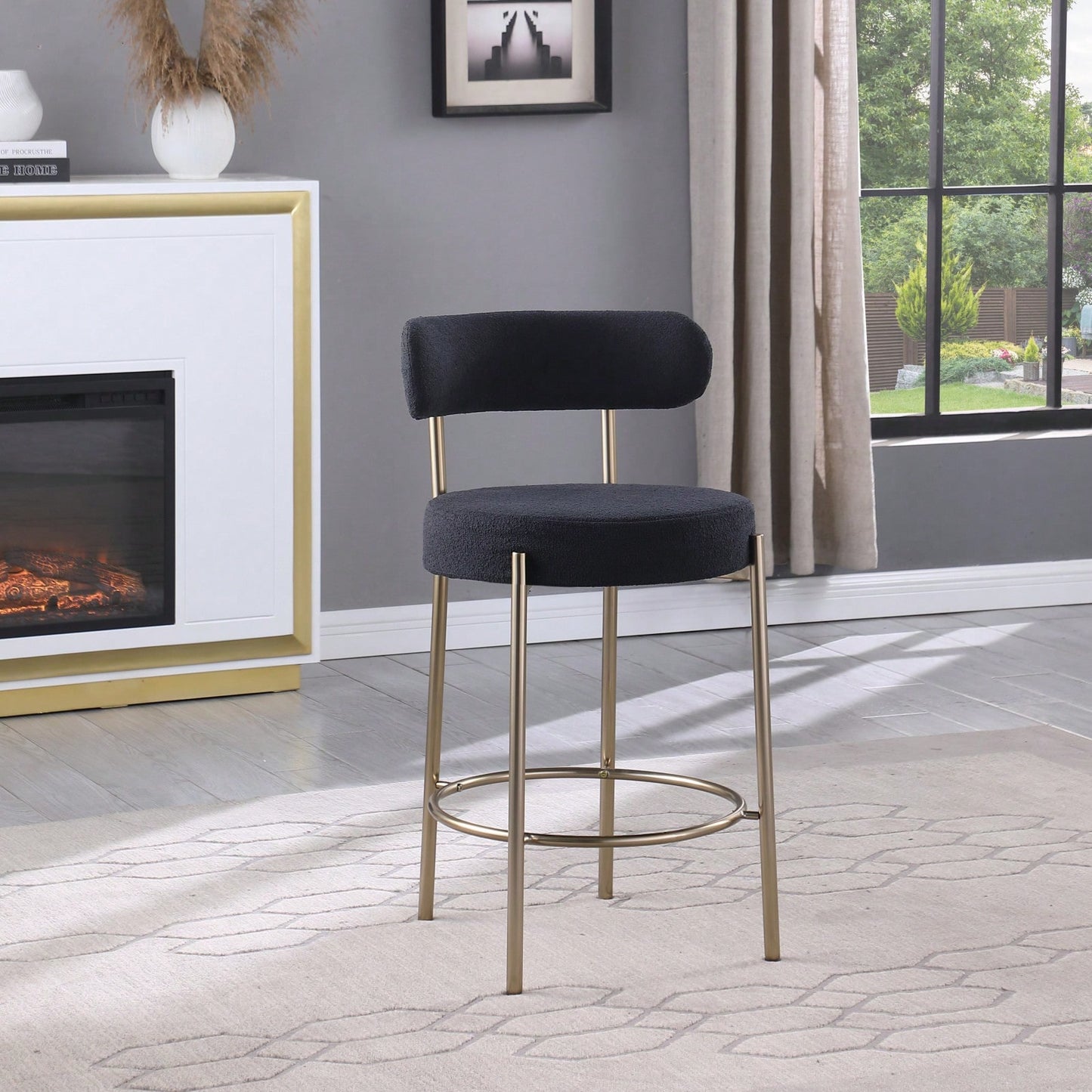 Modern Upholstered Counter Height Stools Set of 2 with 26 Inch Seat and Brushed Brass Legs for Dining Room