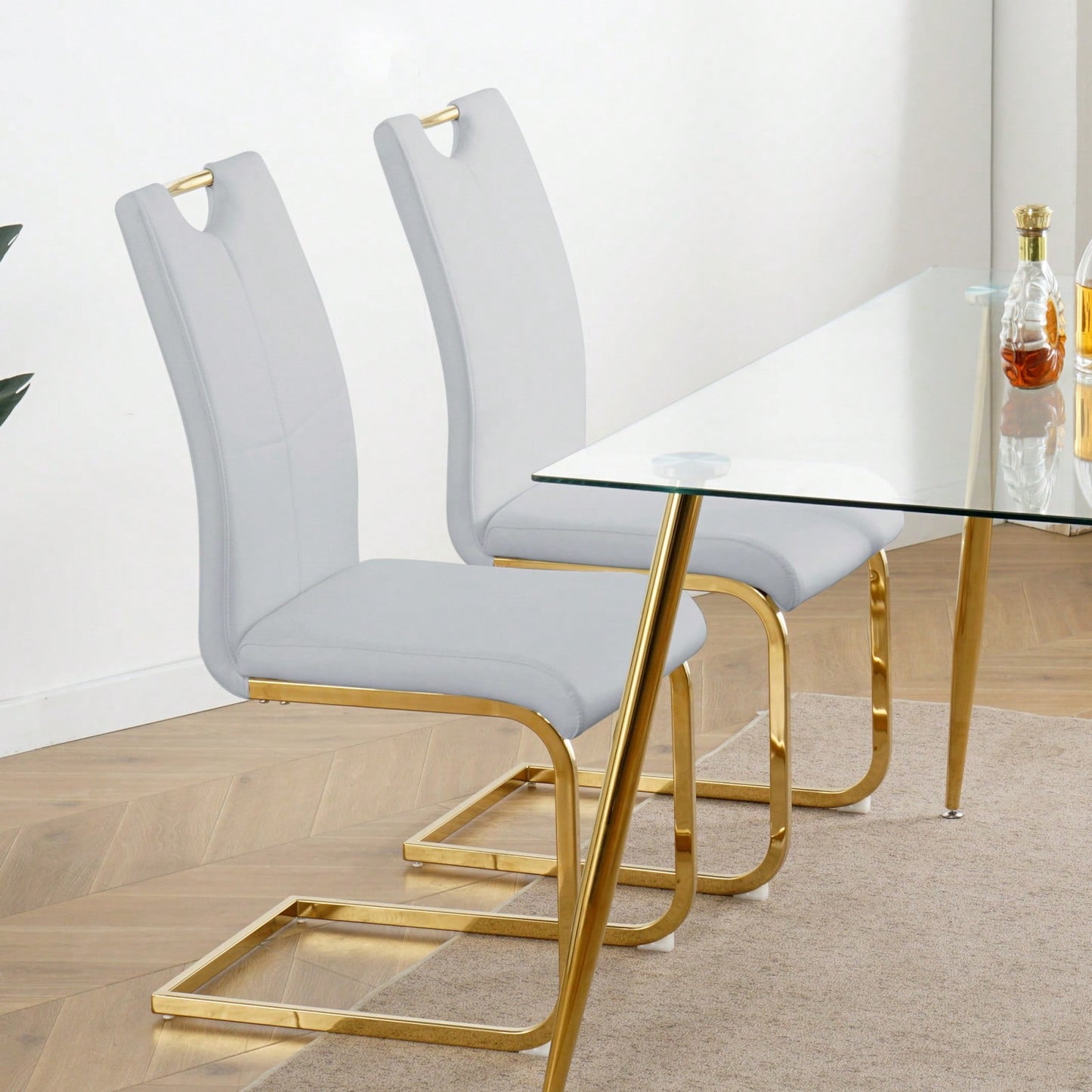 Set Of 2, Modern Dining Chairs With Faux Leather Padded Seat Upholstered Chair With Gold Metal Legs For Kitchen, Living, Bedroom
