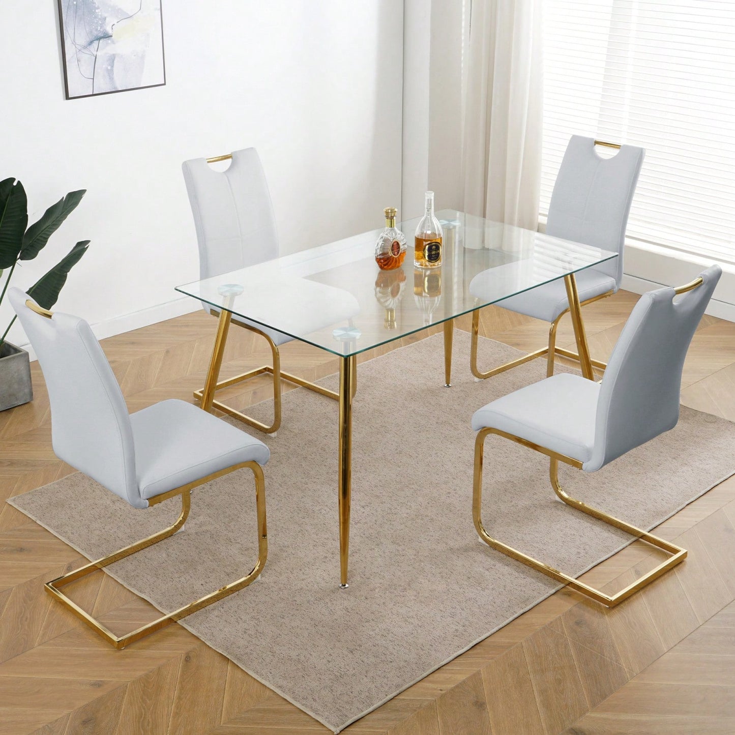 Set Of 2, Modern Dining Chairs With Faux Leather Padded Seat Upholstered Chair With Gold Metal Legs For Kitchen, Living, Bedroom