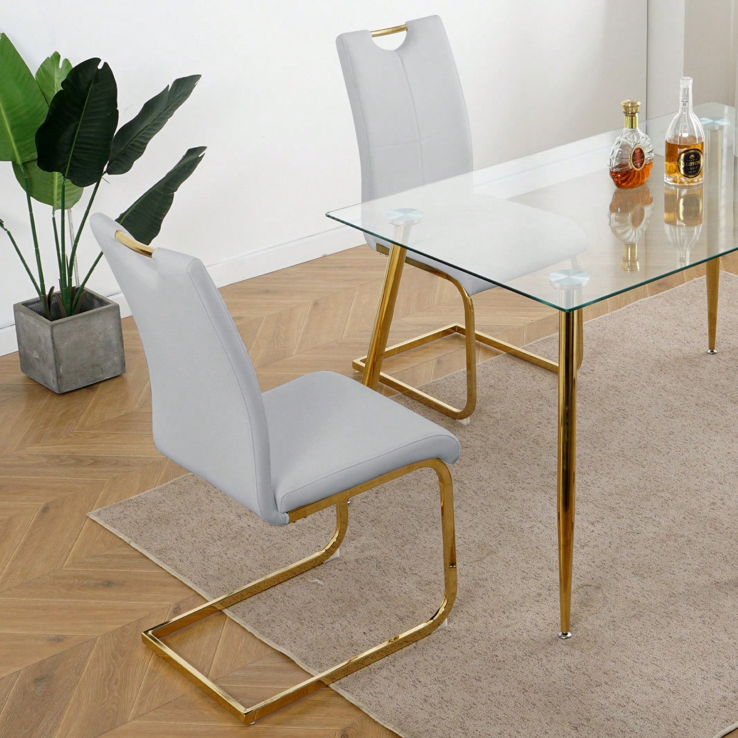 Set Of 2, Modern Dining Chairs With Faux Leather Padded Seat Upholstered Chair With Gold Metal Legs For Kitchen, Living, Bedroom