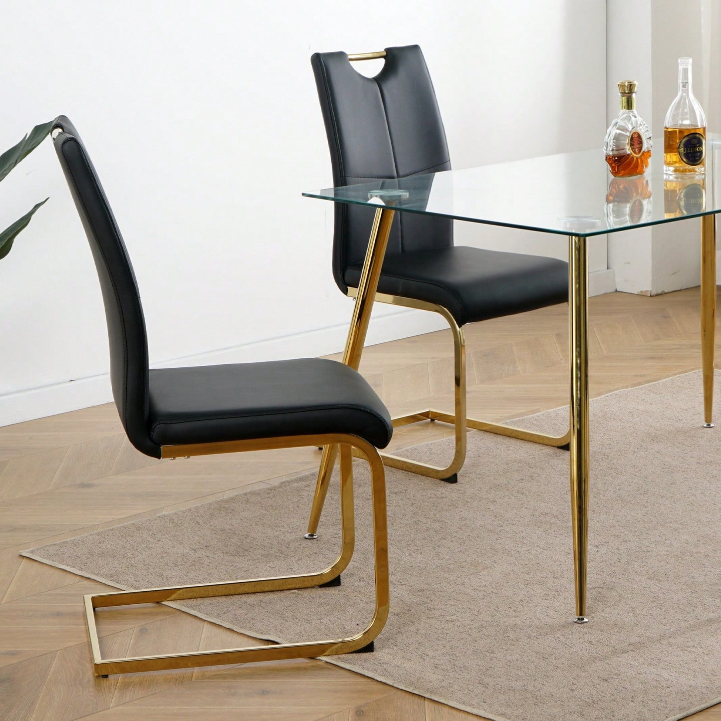 Set Of 2, Modern Dining Chairs With Faux Leather Padded Seat Upholstered Chair With Gold Metal Legs For Kitchen, Living, Bedroom