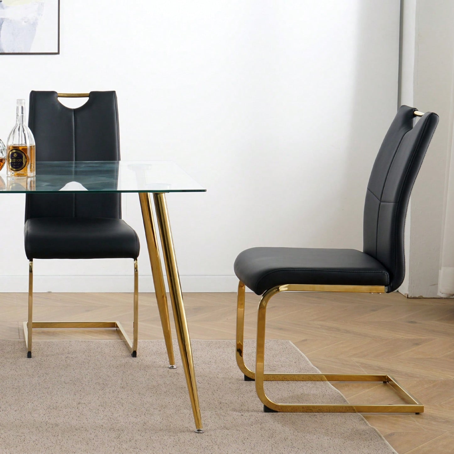 Set Of 2, Modern Dining Chairs With Faux Leather Padded Seat Upholstered Chair With Gold Metal Legs For Kitchen, Living, Bedroom