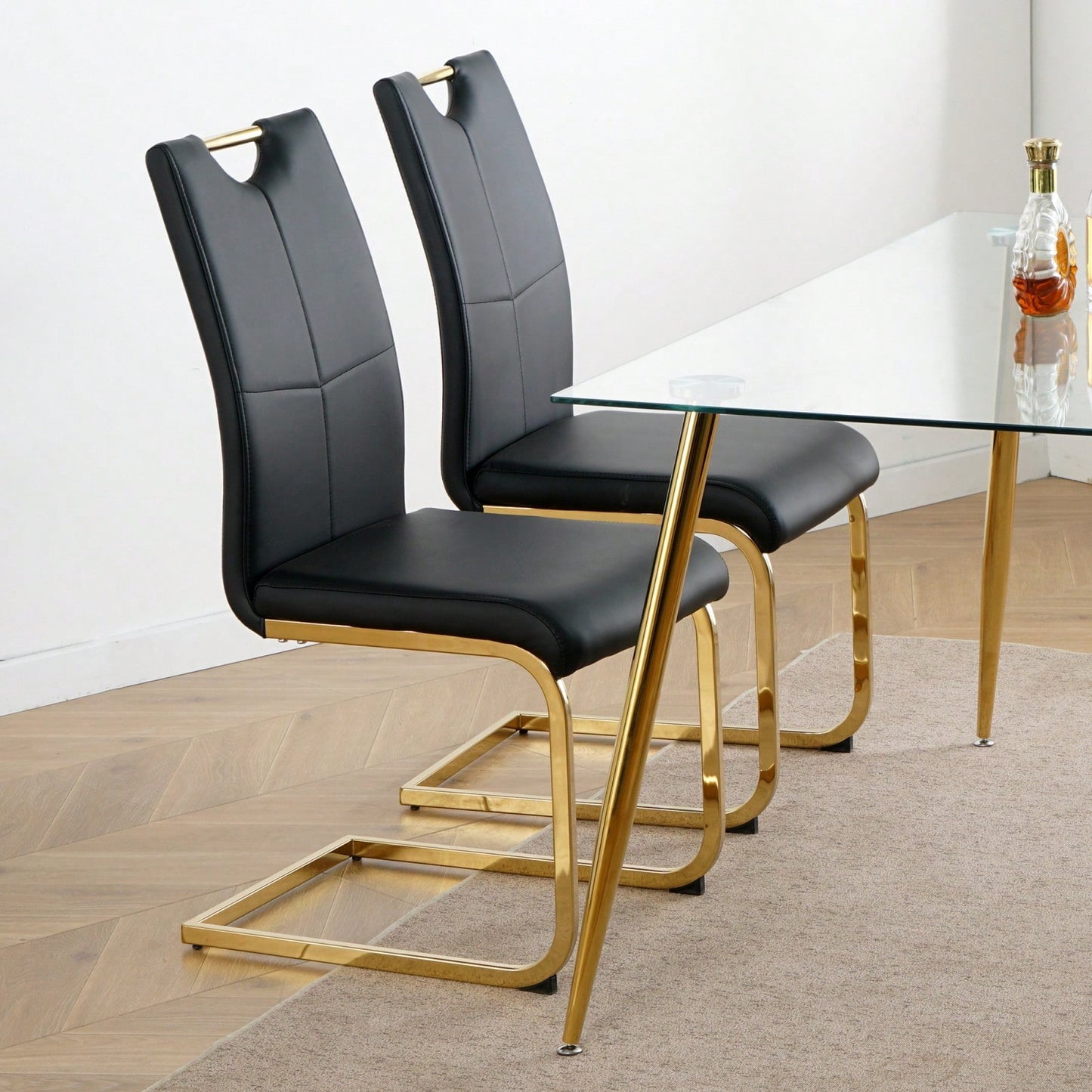 Set Of 2, Modern Dining Chairs With Faux Leather Padded Seat Upholstered Chair With Gold Metal Legs For Kitchen, Living, Bedroom