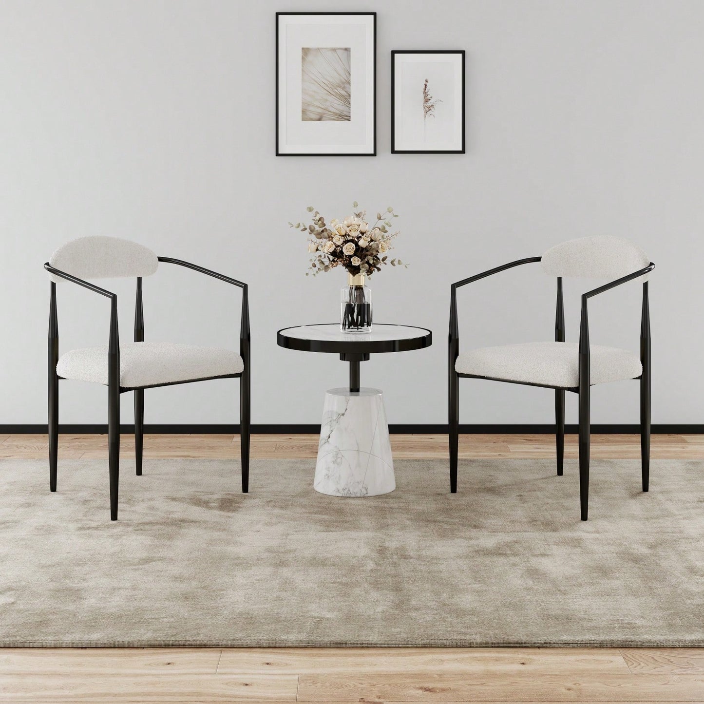 Mid-Century Modern Upholstered Dining Chairs Set of 2 with Iron Frame and Boucle Backrest Comfortable Seating for Kitchen or Dining Room