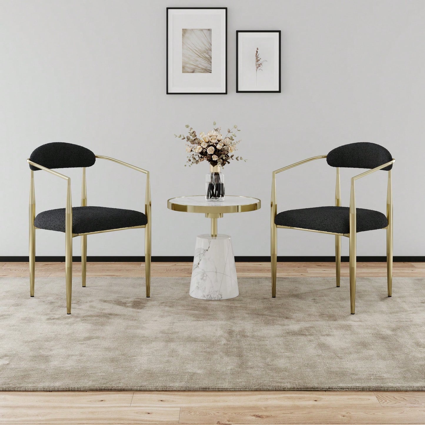 Mid-Century Modern Upholstered Dining Chairs Set of 2 with Iron Frame and Boucle Backrest Comfortable Seating for Kitchen or Dining Room