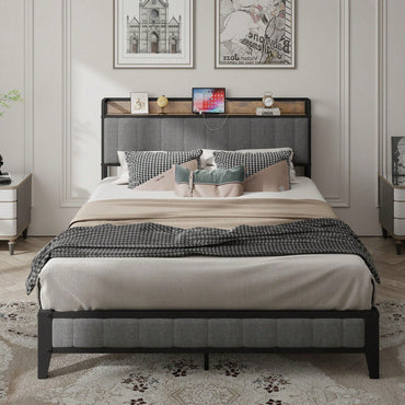 Grey Queen Bed Frame with USB Charging Station Upholstered Headboard Metal Platform No Box Spring Needed Vintage Design