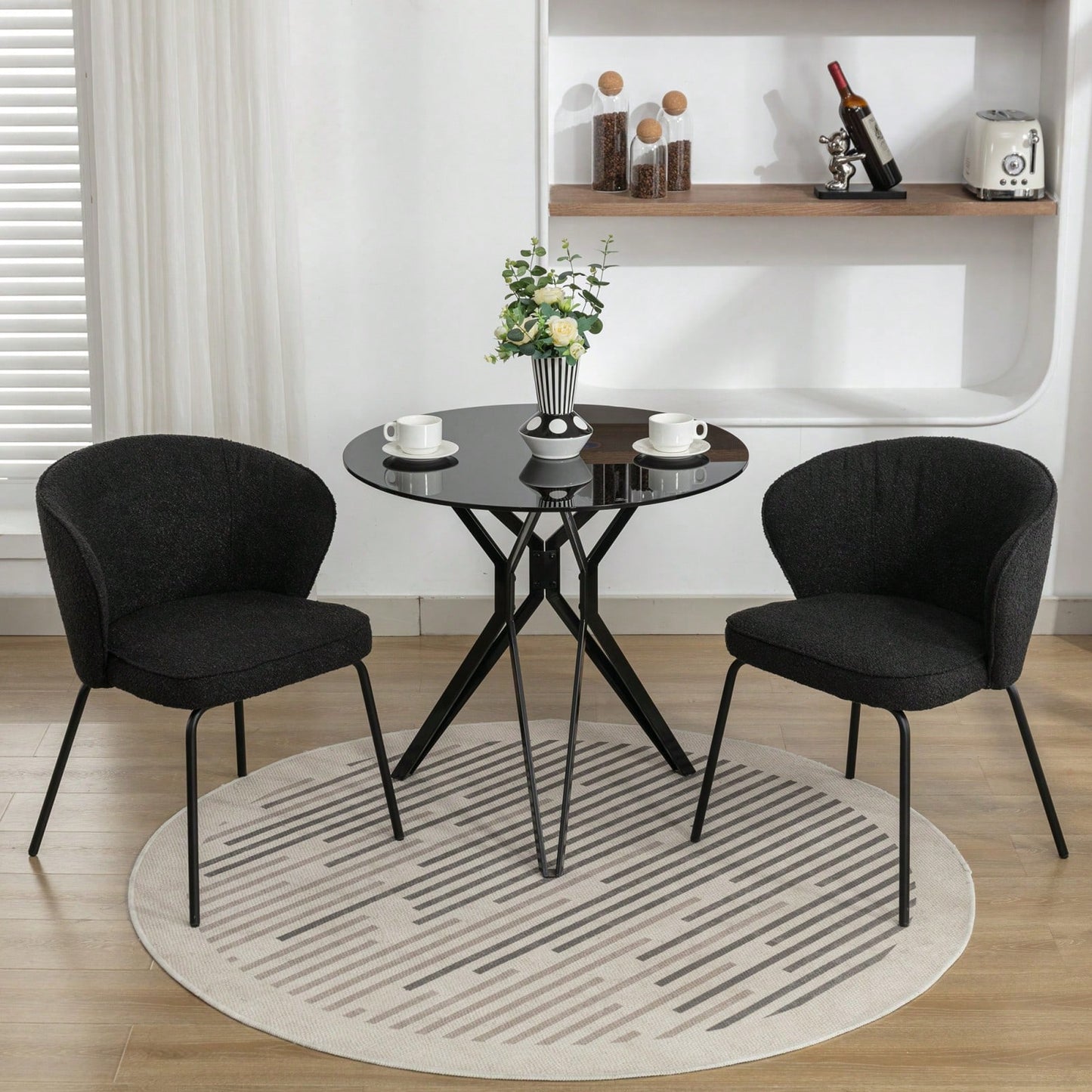 Stylish Modern Boucle Dining Chairs Set of 2 with Black Metal Legs Comfortable Sponge Filling Adjustable Foot Nails Lightweight Durable