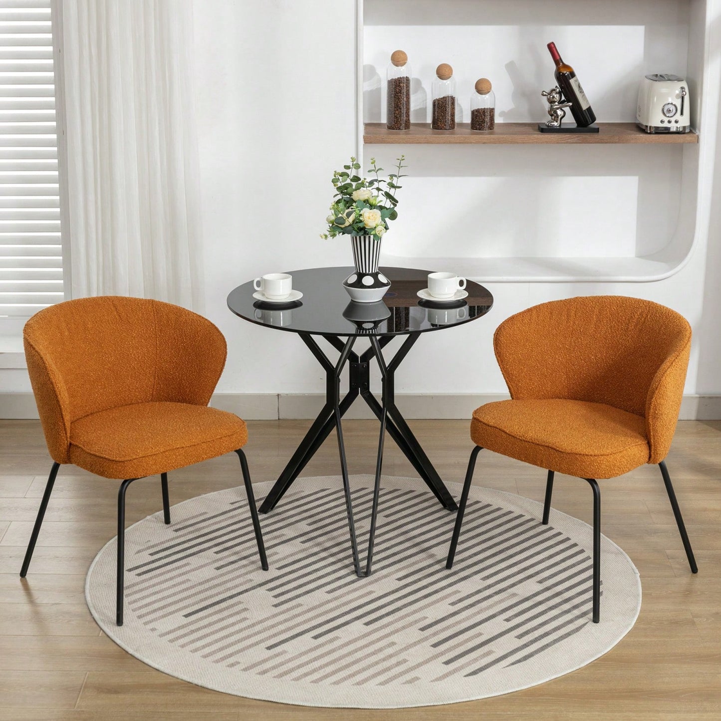 Stylish Modern Boucle Dining Chairs Set of 2 with Black Metal Legs Comfortable Sponge Filling Adjustable Foot Nails Lightweight Durable