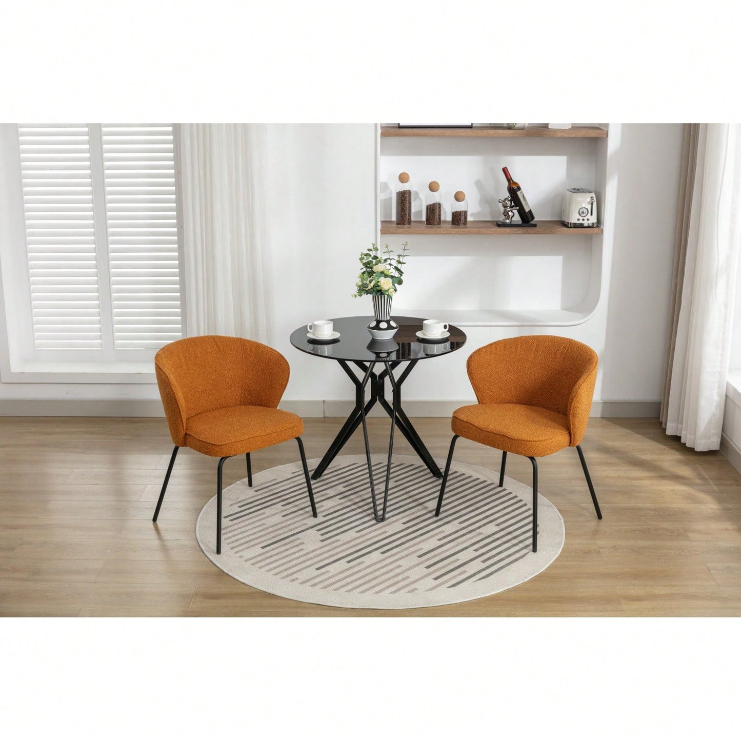 Stylish Modern Boucle Dining Chairs Set of 2 with Black Metal Legs Comfortable Sponge Filling Adjustable Foot Nails Lightweight Durable
