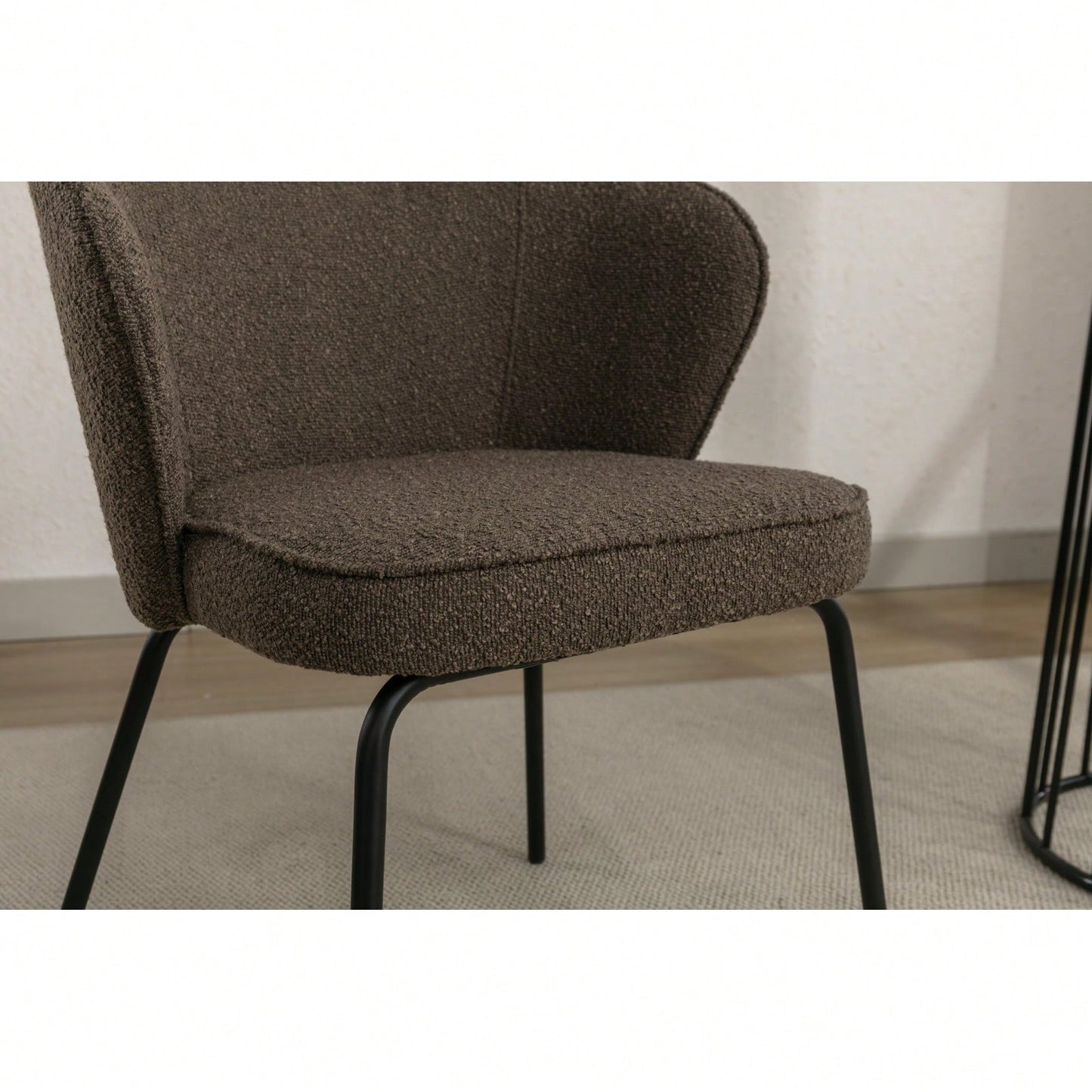 Stylish Modern Boucle Dining Chairs Set of 2 with Black Metal Legs Comfortable Sponge Filling Adjustable Foot Nails Lightweight Durable