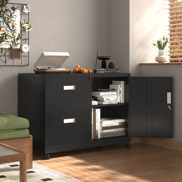Mobile Lateral Filing Cabinet with Lock 2 Drawers Adjustable Shelves Anti-Corrosion Sturdy Design Wheels for Easy Movement