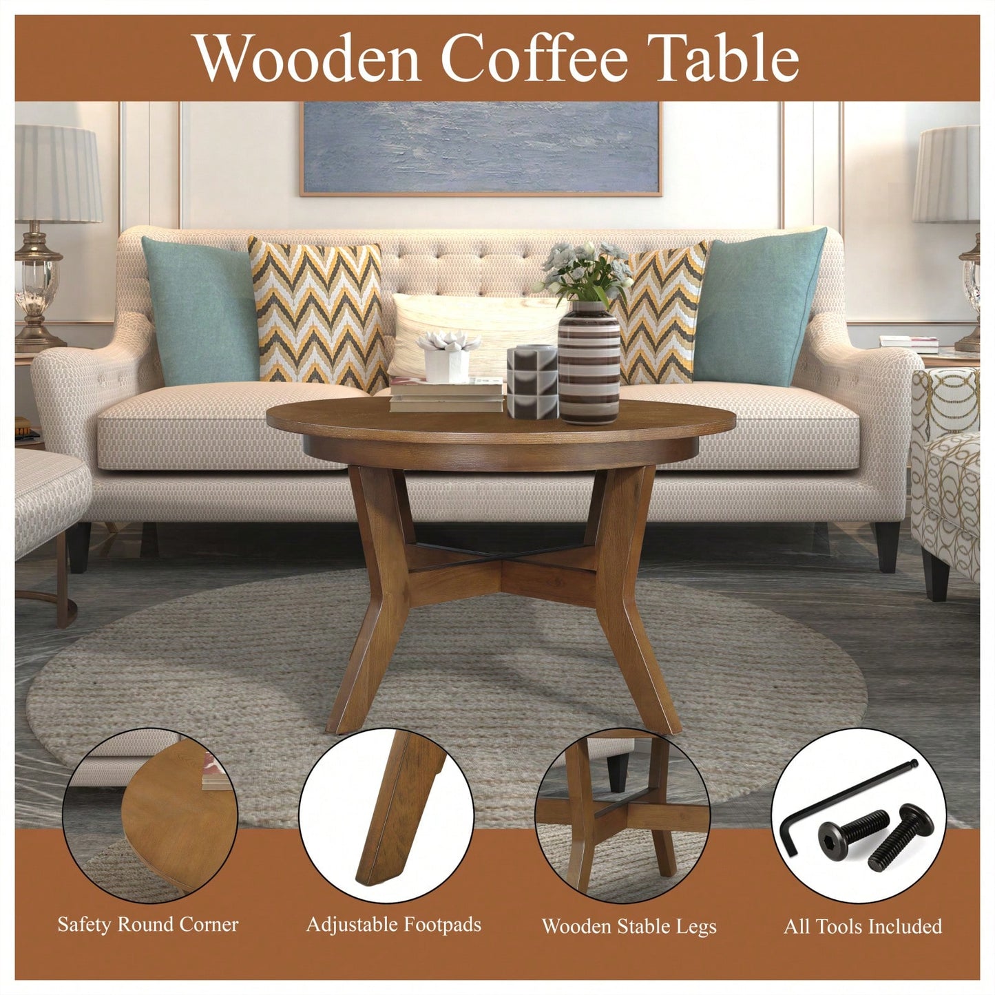 32-Inch Solid Wood And MDF Round Mid-Century Farmhouse Coffee Table