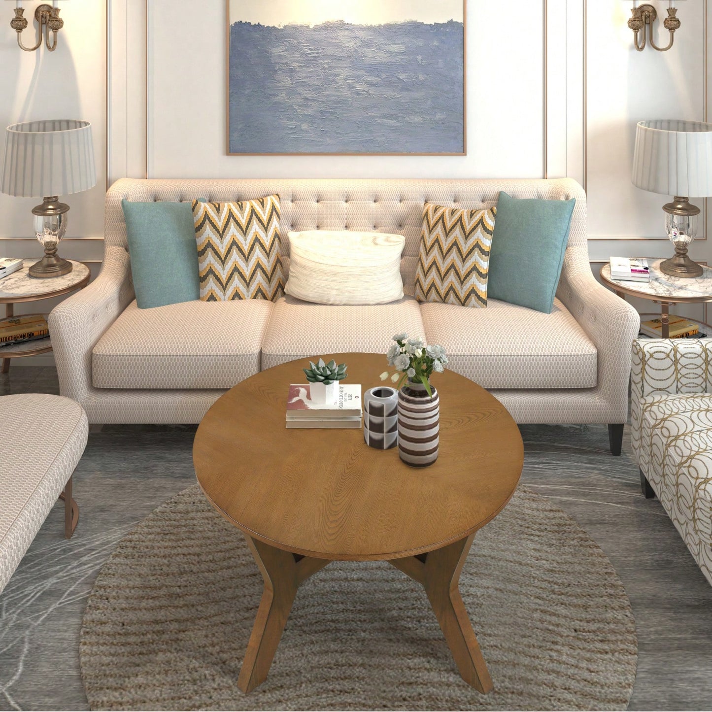 32-Inch Solid Wood And MDF Round Mid-Century Farmhouse Coffee Table