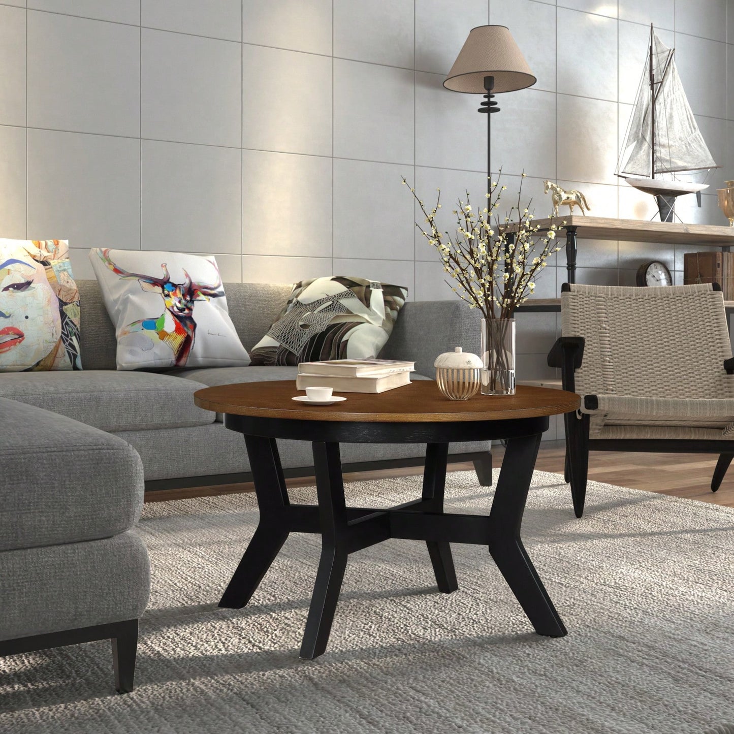 32-Inch Solid Wood And MDF Round Mid-Century Farmhouse Coffee Table