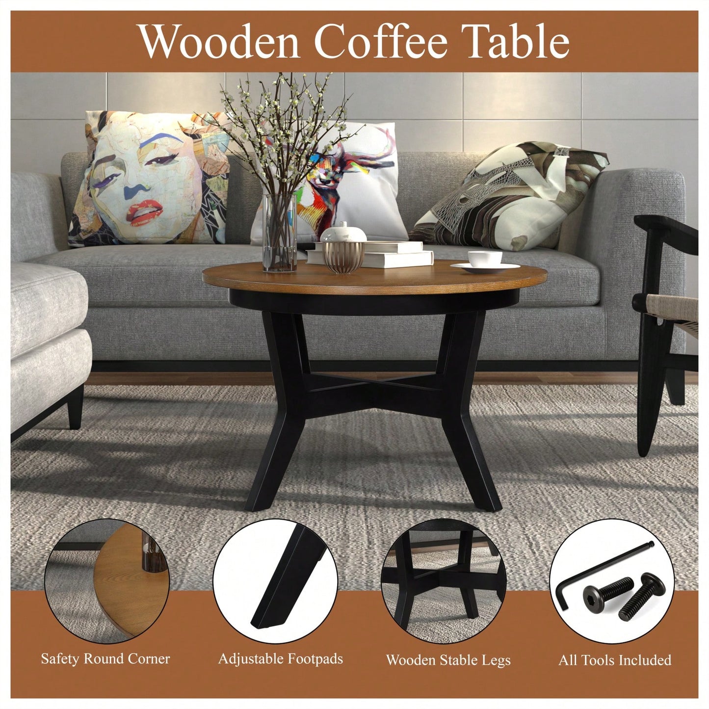 32-Inch Solid Wood And MDF Round Mid-Century Farmhouse Coffee Table