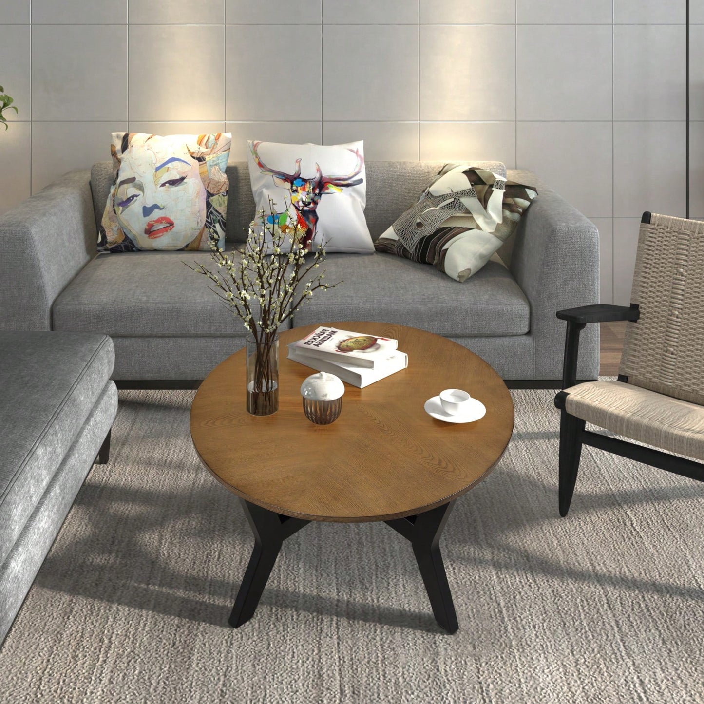 32-Inch Solid Wood And MDF Round Mid-Century Farmhouse Coffee Table