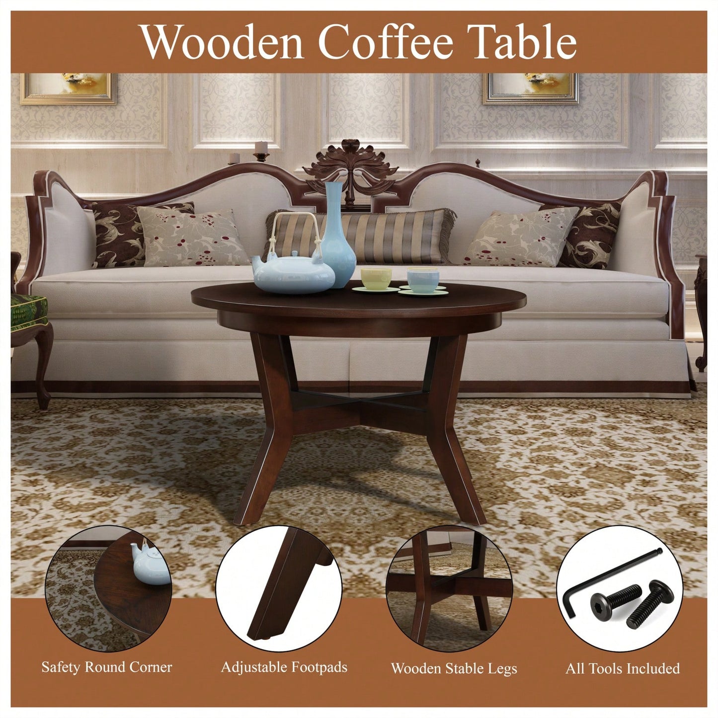 32-Inch Solid Wood And MDF Round Mid-Century Farmhouse Coffee Table