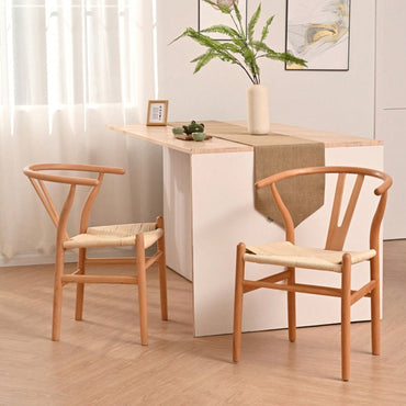 Natural Solid Wood Wishbone Design Backrest Chair With Canvas Seat For Dining Room And Kitchen - Set Of 2 Chairs For Home And Office Use