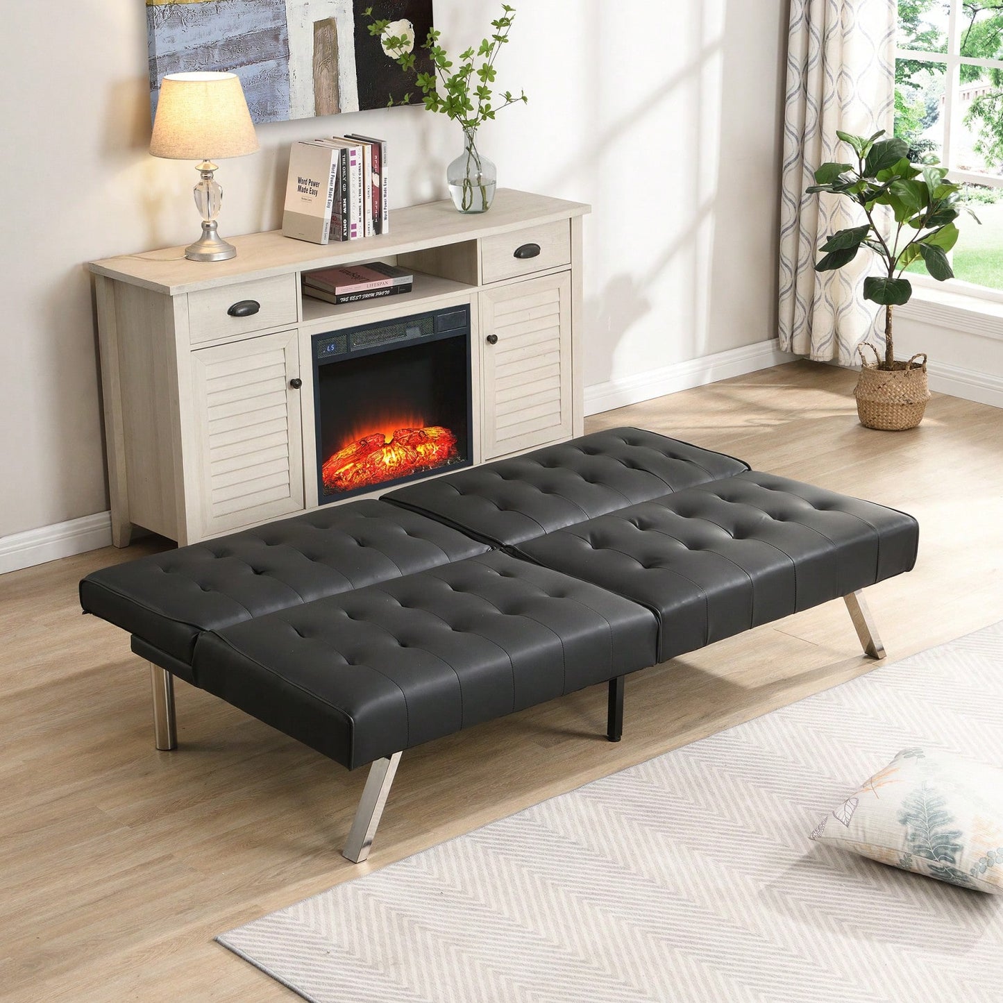 Black PVC Sofa Bed Multifunctional Design For Living Room, Bedroom, Dorm Or Office - Easy Assembly And Space Saving Single Bed Option