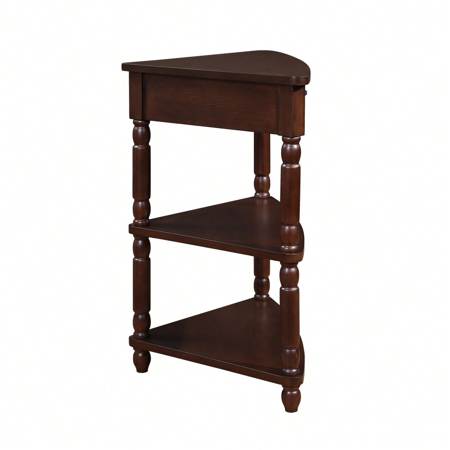 Small Triangle Corner Table with 3 Tiers Solid Wood Legs Space Saving Design Waterproof Milk White Finish