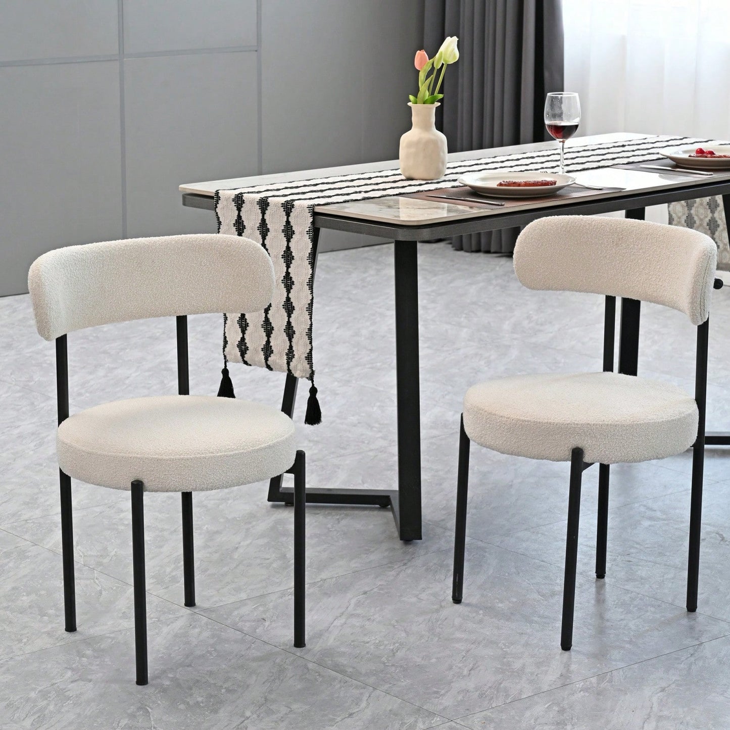 Mid-Century Modern Boucle Dining Chairs Set of 2 Curved Backrest Velvet Upholstered Kitchen Chairs with Black Metal Legs