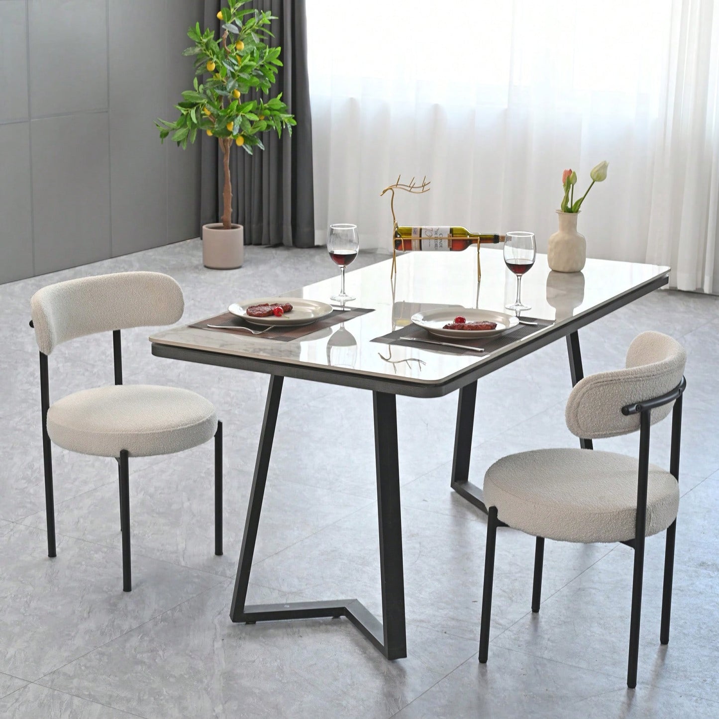 Mid-Century Modern Boucle Dining Chairs Set of 2 Curved Backrest Velvet Upholstered Kitchen Chairs with Black Metal Legs