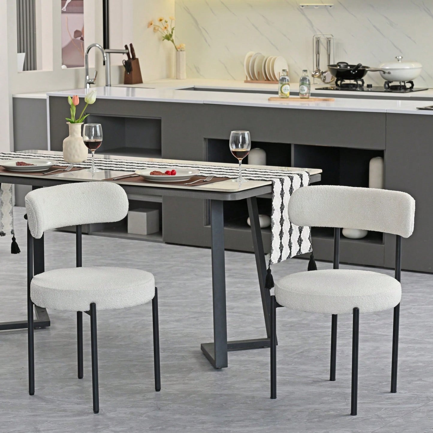 Mid-Century Modern Boucle Dining Chairs Set of 2 Curved Backrest Velvet Upholstered Kitchen Chairs with Black Metal Legs