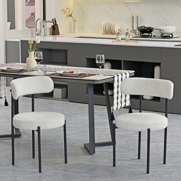 Mid-Century Modern Boucle Dining Chairs Set of 2 Curved Backrest Velvet Upholstered Kitchen Chairs with Black Metal Legs
