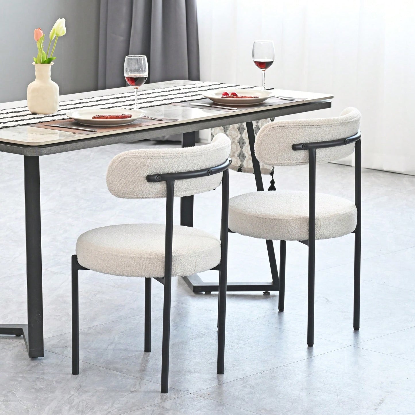 Mid-Century Modern Boucle Dining Chairs Set of 2 Curved Backrest Velvet Upholstered Kitchen Chairs with Black Metal Legs