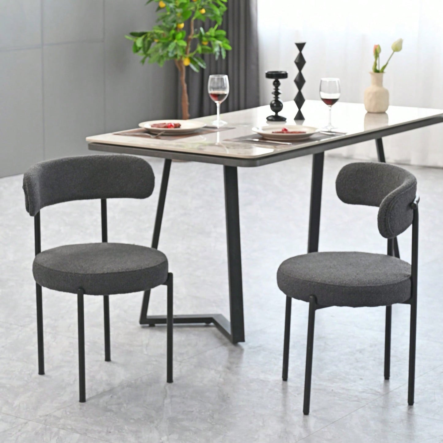 Mid-Century Modern Boucle Dining Chairs Set of 2 Curved Backrest Velvet Upholstered Kitchen Chairs with Black Metal Legs