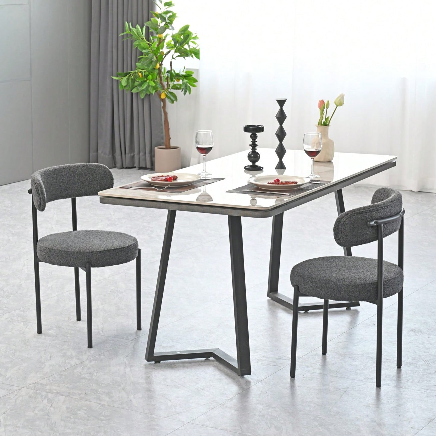 Mid-Century Modern Boucle Dining Chairs Set of 2 Curved Backrest Velvet Upholstered Kitchen Chairs with Black Metal Legs