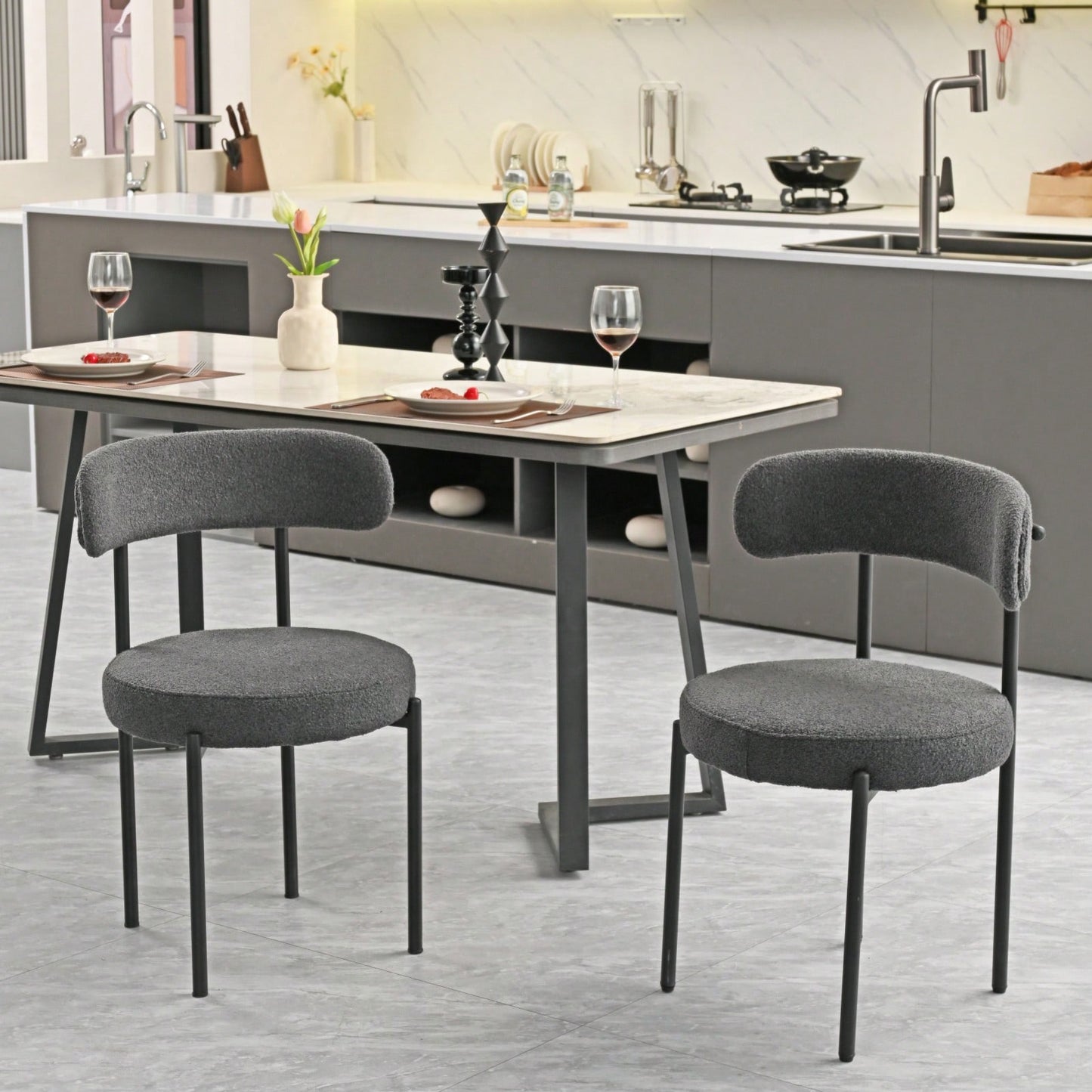 Mid-Century Modern Boucle Dining Chairs Set of 2 Curved Backrest Velvet Upholstered Kitchen Chairs with Black Metal Legs
