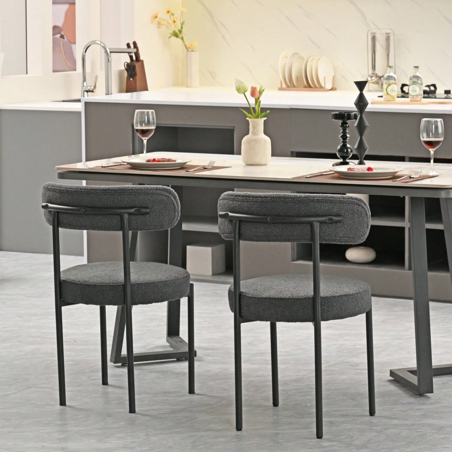 Mid-Century Modern Boucle Dining Chairs Set of 2 Curved Backrest Velvet Upholstered Kitchen Chairs with Black Metal Legs