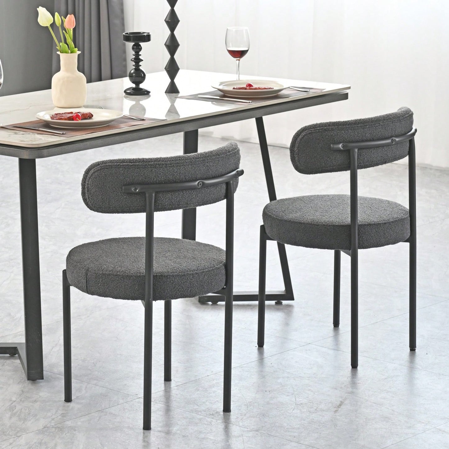 Mid-Century Modern Boucle Dining Chairs Set of 2 Curved Backrest Velvet Upholstered Kitchen Chairs with Black Metal Legs