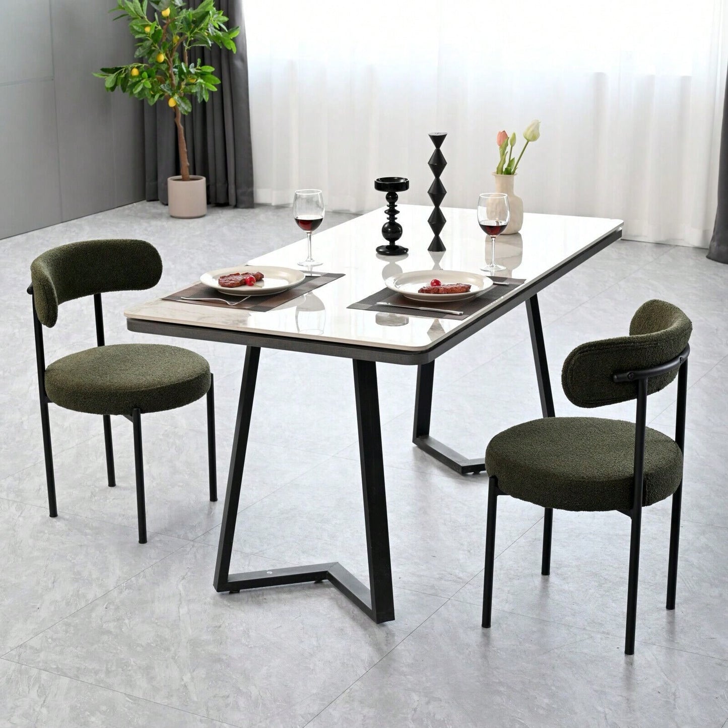 Mid-Century Modern Boucle Dining Chairs Set of 2 Curved Backrest Velvet Upholstered Kitchen Chairs with Black Metal Legs