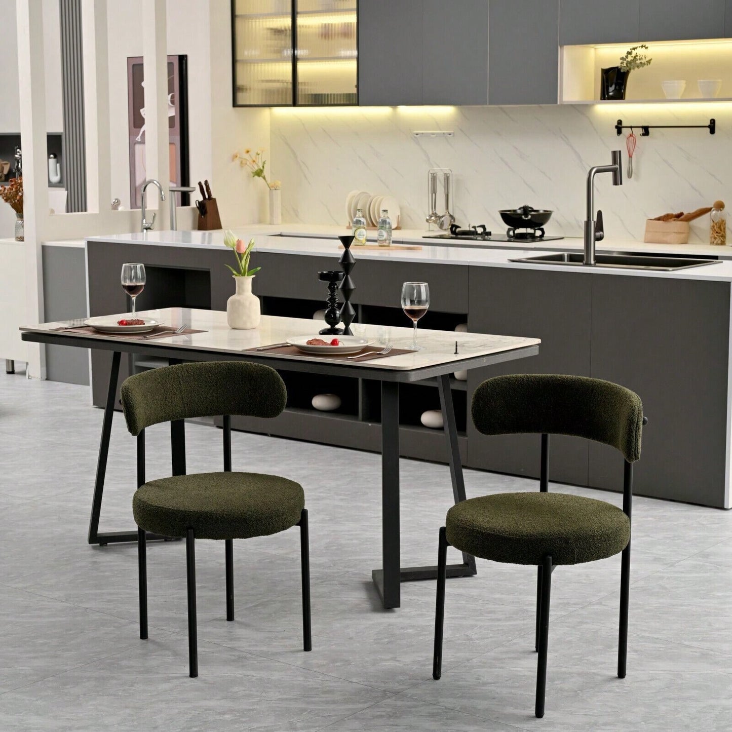 Mid-Century Modern Boucle Dining Chairs Set of 2 Curved Backrest Velvet Upholstered Kitchen Chairs with Black Metal Legs