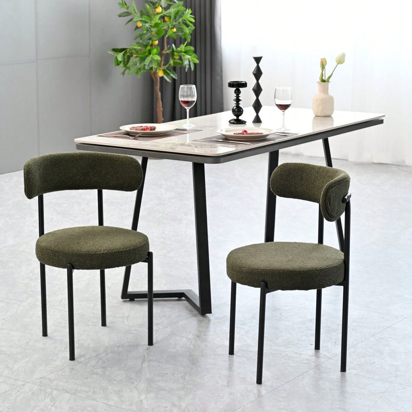 Mid-Century Modern Boucle Dining Chairs Set of 2 Curved Backrest Velvet Upholstered Kitchen Chairs with Black Metal Legs