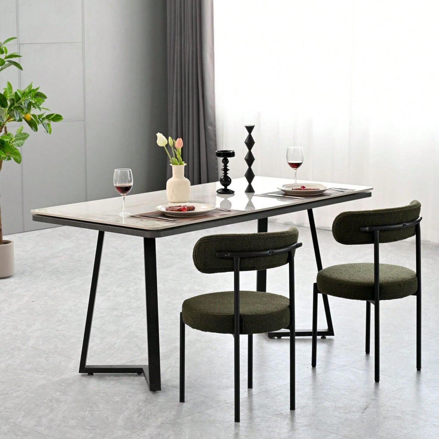 Mid-Century Modern Boucle Dining Chairs Set of 2 Curved Backrest Velvet Upholstered Kitchen Chairs with Black Metal Legs