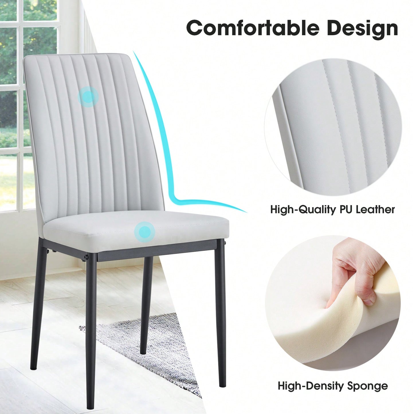 Set of 4 Gray Upholstered Dining Chairs with Metal Legs and Curved Backrest for Kitchen Living Room Restaurant