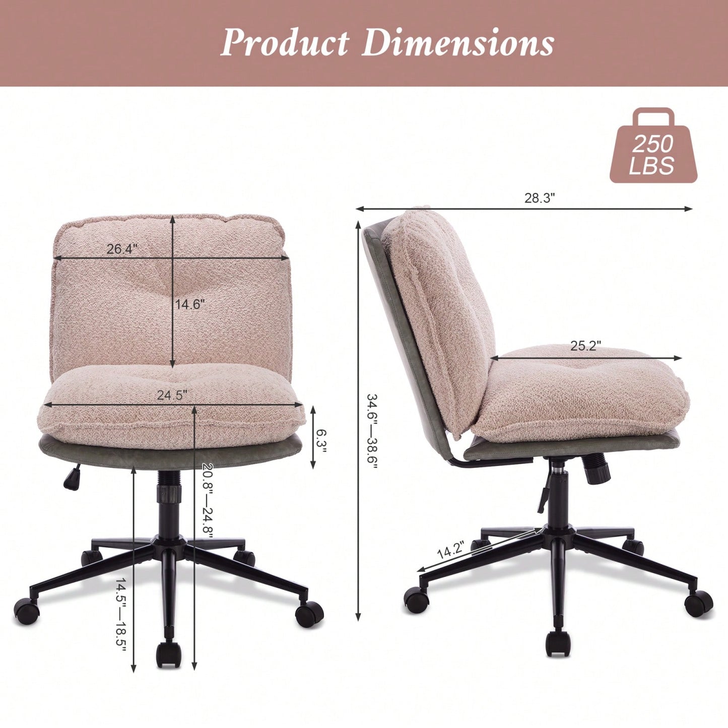 Elegant Adjustable Oversize Cross Chair with Wheels 360° Swivel for Home Office Small Spaces Dressing Room Living Room