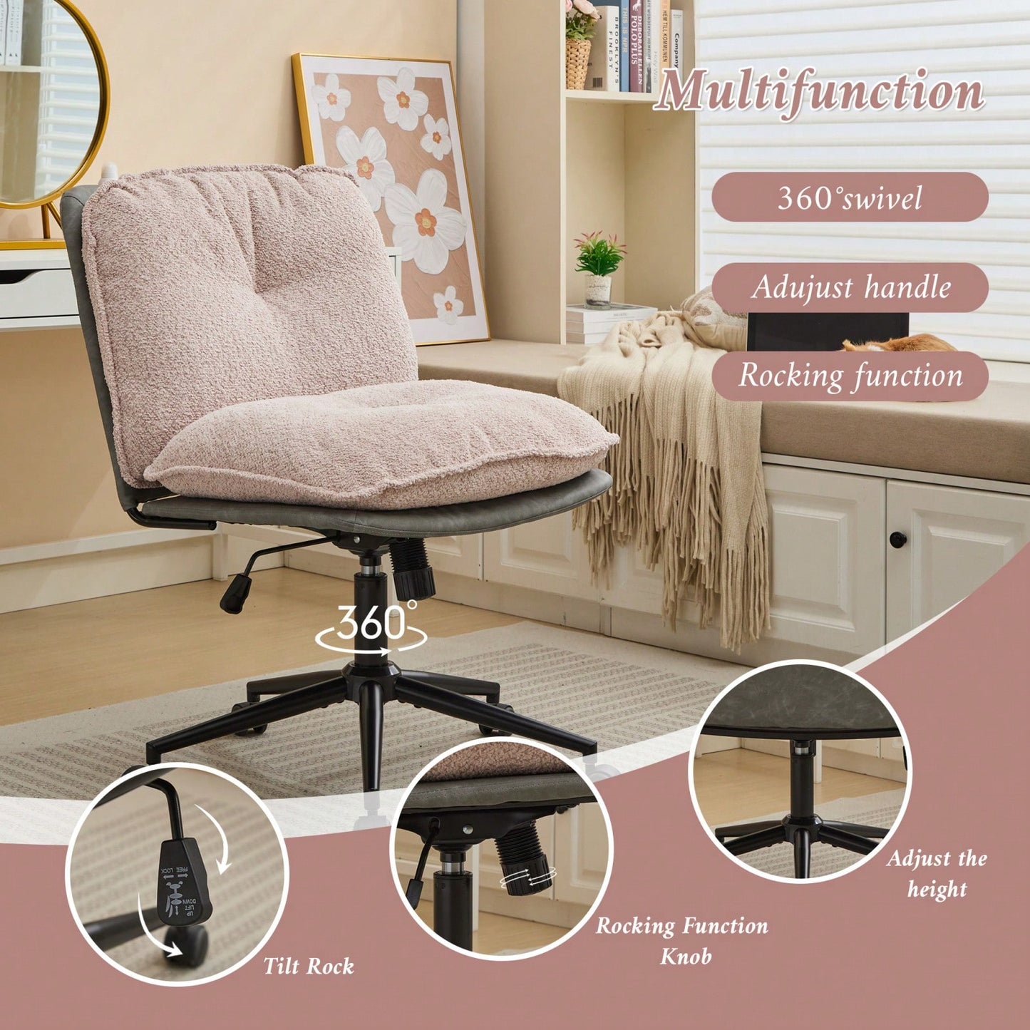 Elegant Adjustable Oversize Cross Chair with Wheels 360° Swivel for Home Office Small Spaces Dressing Room Living Room