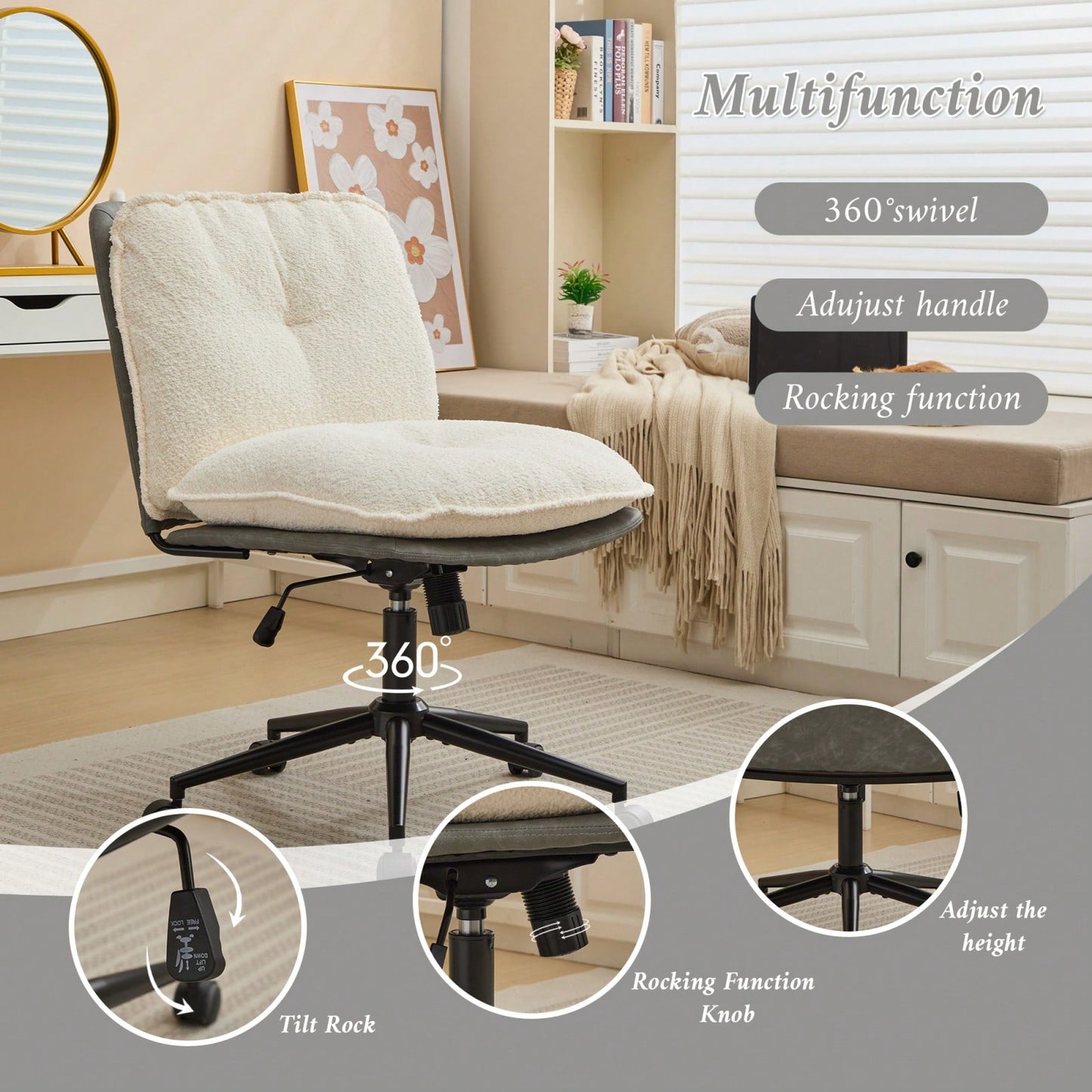 Elegant Adjustable Oversize Cross Chair with Wheels 360° Swivel for Home Office Small Spaces Dressing Room Living Room