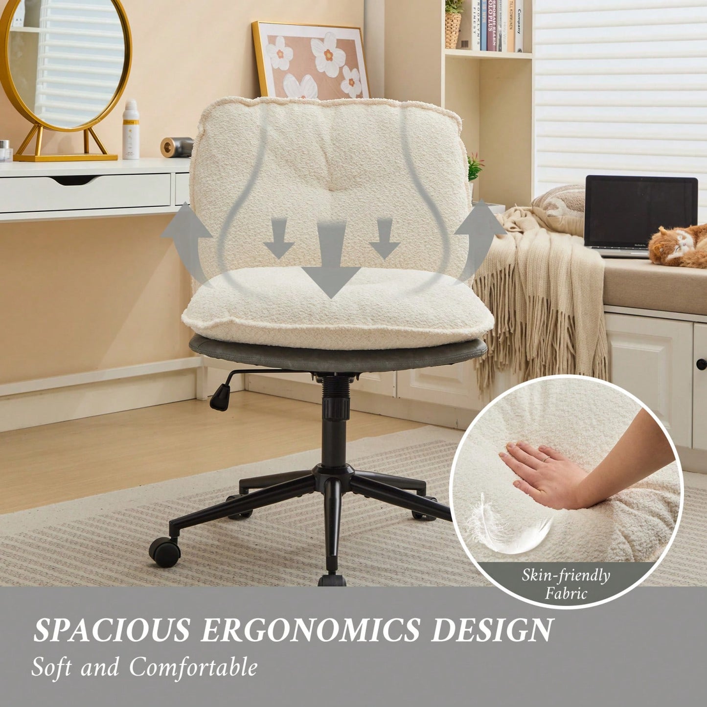 Elegant Adjustable Oversize Cross Chair with Wheels 360° Swivel for Home Office Small Spaces Dressing Room Living Room