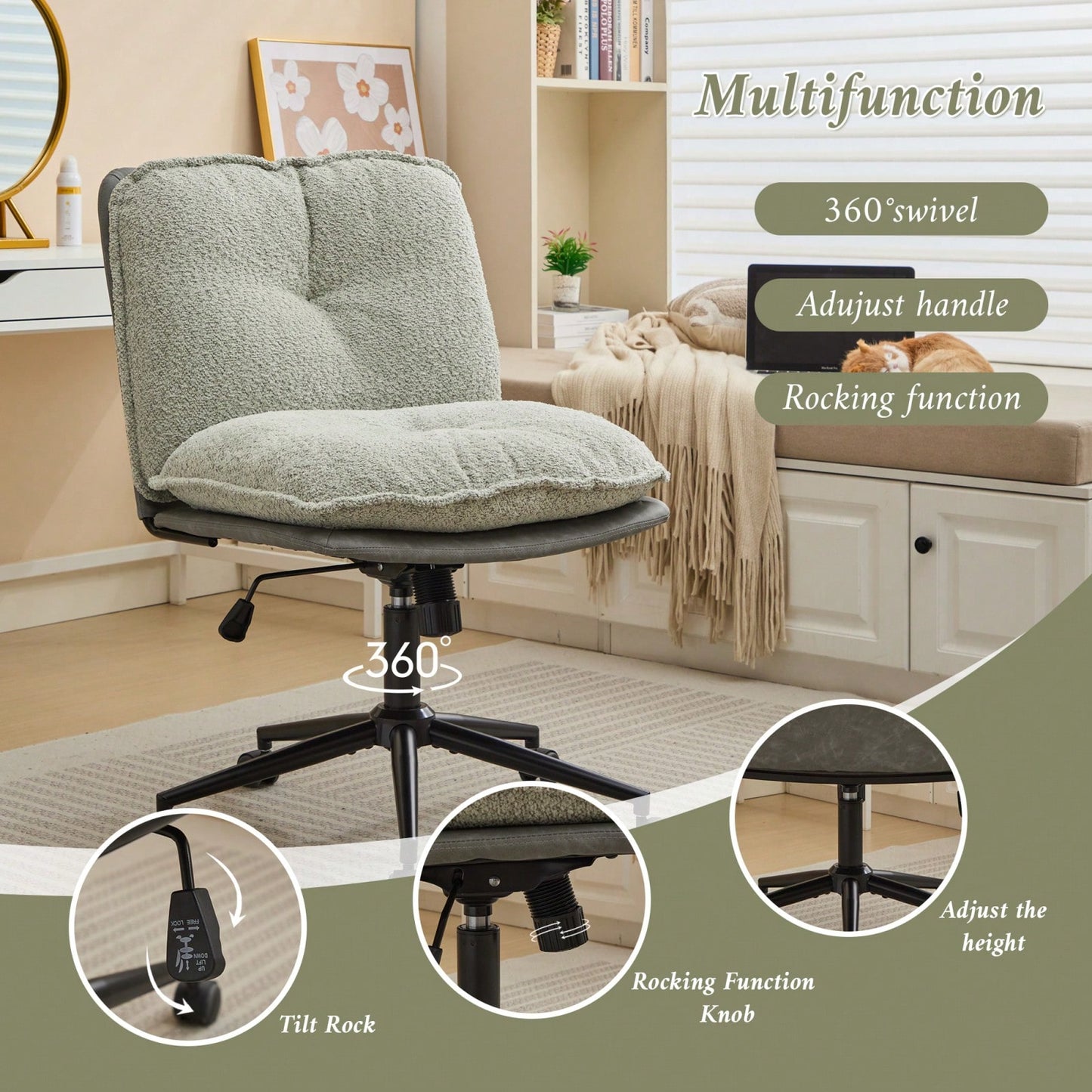 Elegant Adjustable Oversize Cross Chair with Wheels 360° Swivel for Home Office Small Spaces Dressing Room Living Room