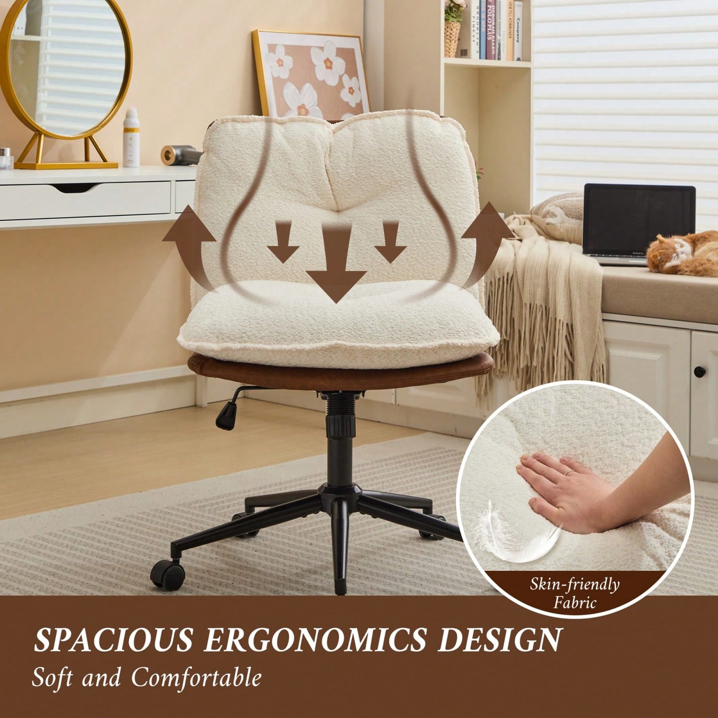 Elegant Adjustable Oversize Cross Chair with Wheels 360° Swivel for Home Office Small Spaces Dressing Room Living Room