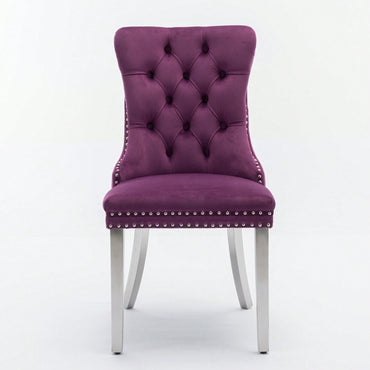 Modern Velvet Upholstered Dining Chair With Chrome Stainless Steel Legs, Nailhead Trim, Set Of 2, Purple And Chrome