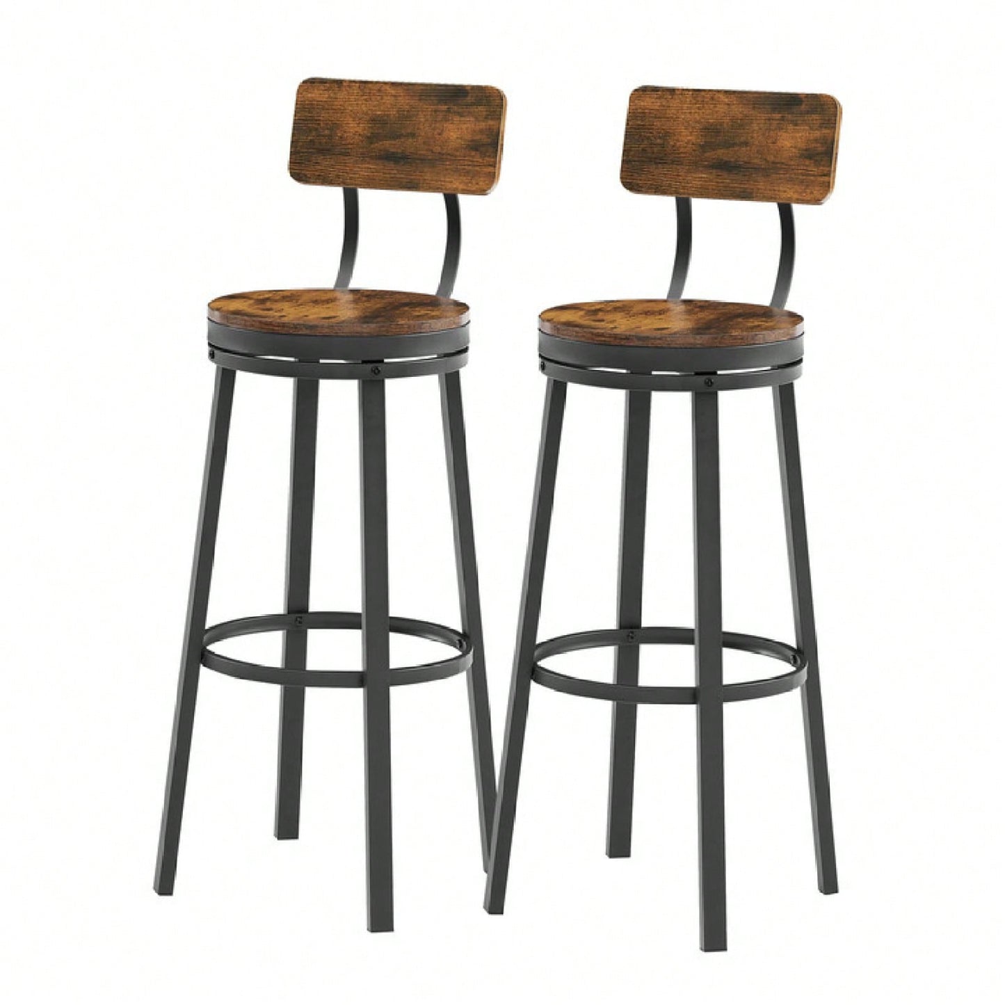 Swivel Bar Stool Set Of 2 With Backrest, Industrial Style, Metal Frame, 29.5'' High For Dining Room, Rustic Brown