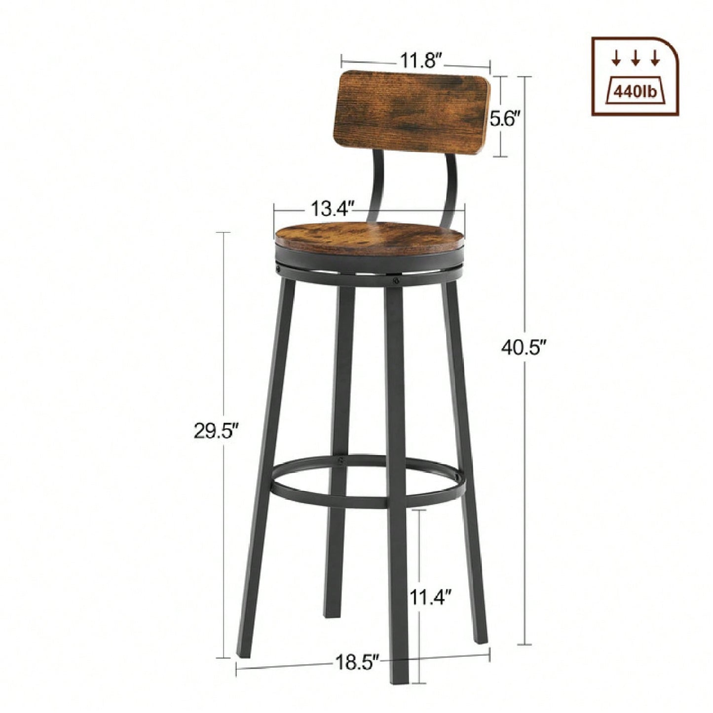 Swivel Bar Stool Set Of 2 With Backrest, Industrial Style, Metal Frame, 29.5'' High For Dining Room, Rustic Brown